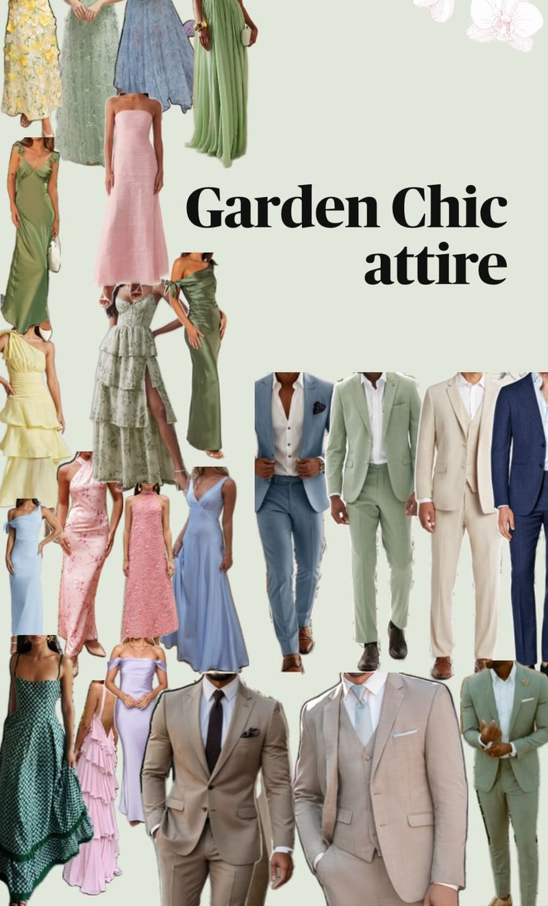 Vestidos e fatos em tons pastel e verde, ao estilo garden chic